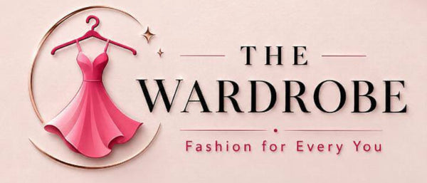 A pink and beige promotional graphic for 'The Wardrobe' featuring a pink dress on a hanger inside a thin gold circle, with the text 'THE WARDROBE', 'Fashion for Every You', and 'SANDALS | BAGS | CLOTHING | ACCESSORIES | & MORE' on a soft satin-textured background.